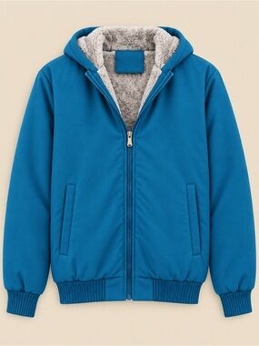 Blue Faux-Fur Lined Hooded Bomber Jacket Size L